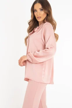 Rebellious Fashion Pink Satin Tie Front Long Sleeve Blouse - Cherie