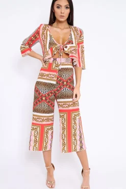 Rebellious Fashion Pink Scarf Print Frill Cut Out Jumpsuit - Nikola