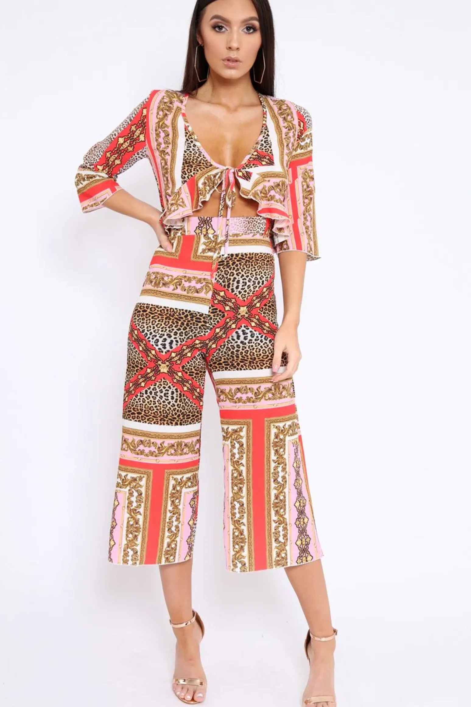 Rebellious Fashion Pink Scarf Print Frill Cut Out Jumpsuit - Nikola