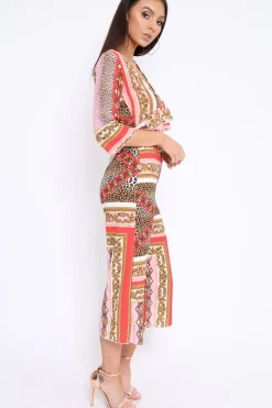 Rebellious Fashion Pink Scarf Print Frill Cut Out Jumpsuit - Nikola