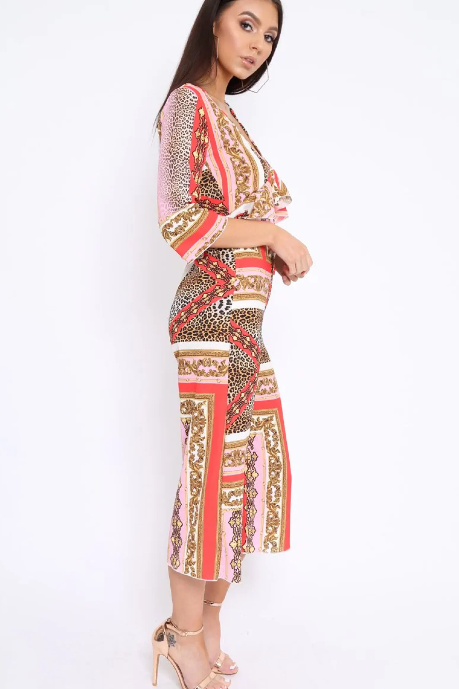 Rebellious Fashion Pink Scarf Print Frill Cut Out Jumpsuit - Nikola