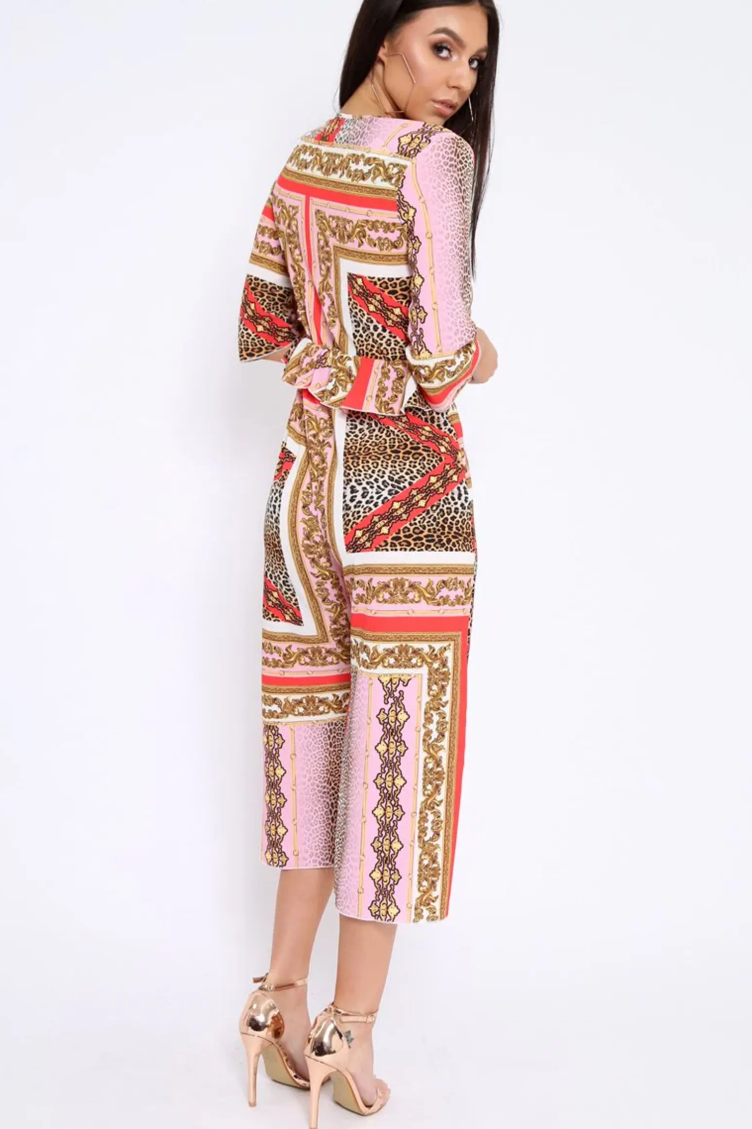 Rebellious Fashion Pink Scarf Print Frill Cut Out Jumpsuit - Nikola