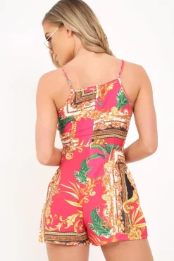 Rebellious Fashion Pink Scarf Print Tie Front Playsuit - Pieper