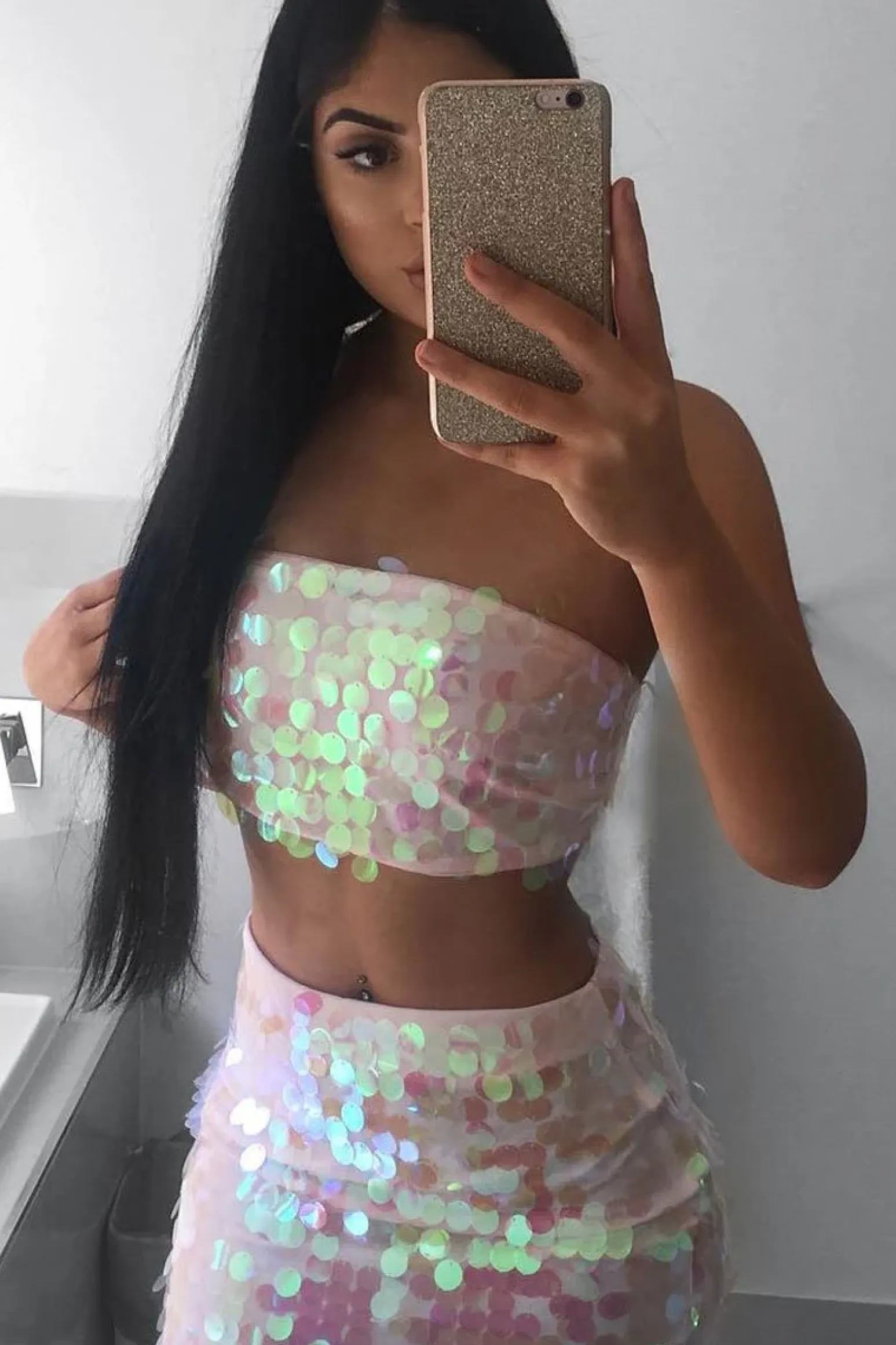 Rebellious Fashion Pink Sequin Boob Tube and Skirt Co ord - Lilia