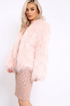 Rebellious Fashion Pink Shaggy Faux Fur Coat - Emilee