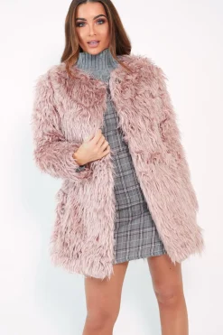 Rebellious Fashion Pink Shaggy Faux Fur Coat - Evalina