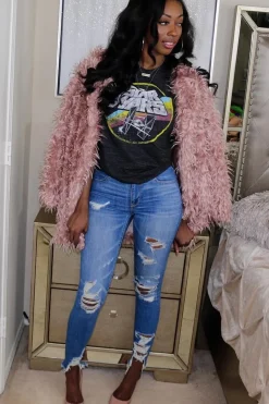 Rebellious Fashion Pink Shaggy Faux Fur Coat - Evalina