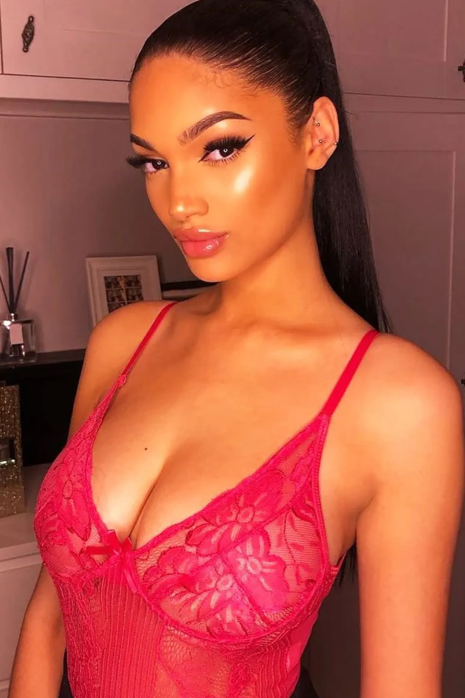 Rebellious Fashion Pink Sheer Lace Bodysuit - Katia