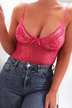 Rebellious Fashion Pink Sheer Lace Bodysuit - Katia
