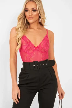 Rebellious Fashion Pink Sheer Lace Bodysuit - Katia