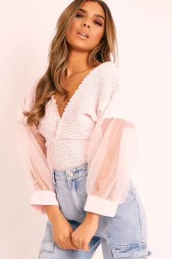 Rebellious Fashion Pink Shirred Plunge Crop Top - Reina