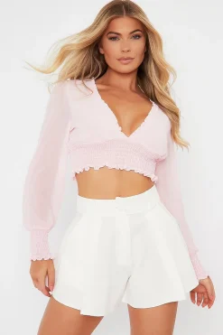 Rebellious Fashion Pink Shirred Waist Long Sleeve Top - Ima