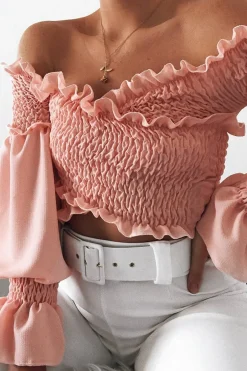 Rebellious Fashion Pink Shirred Wrap Over Bardot Crop Top - Zuri