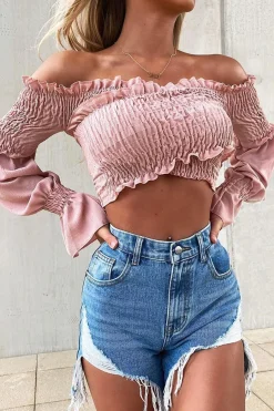 Rebellious Fashion Pink Shirred Wrap Over Bardot Crop Top - Zuri