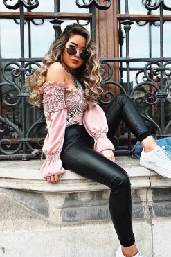 Rebellious Fashion Pink Shirred Wrap Over Bardot Crop Top - Zuri