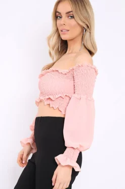 Rebellious Fashion Pink Shirred Wrap Over Bardot Crop Top - Zuri
