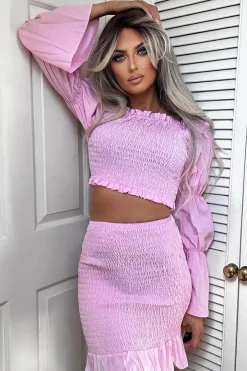 Rebellious Fashion Pink Shirring Detail Bardot Top & Mini Skirt Co-ord Set - Connie