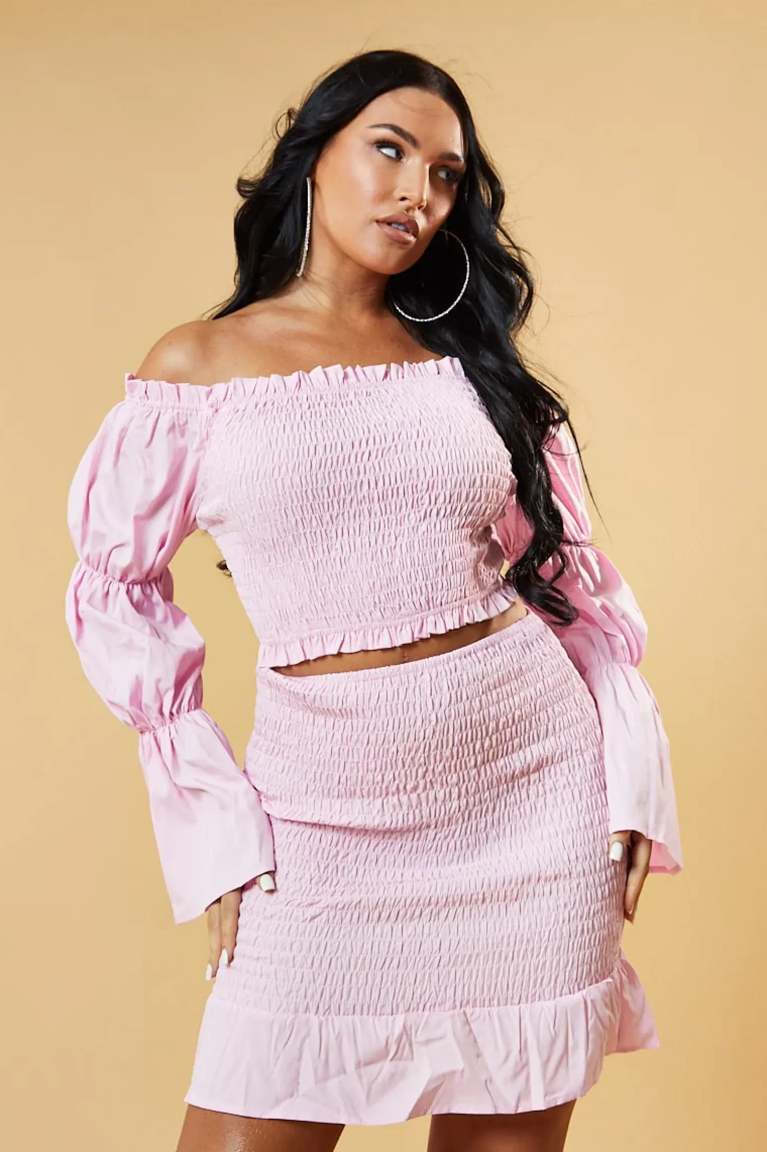 Rebellious Fashion Pink Shirring Detail Bardot Top & Mini Skirt Co-ord Set - Connie