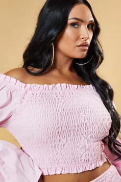 Rebellious Fashion Pink Shirring Detail Bardot Top & Mini Skirt Co-ord Set - Connie