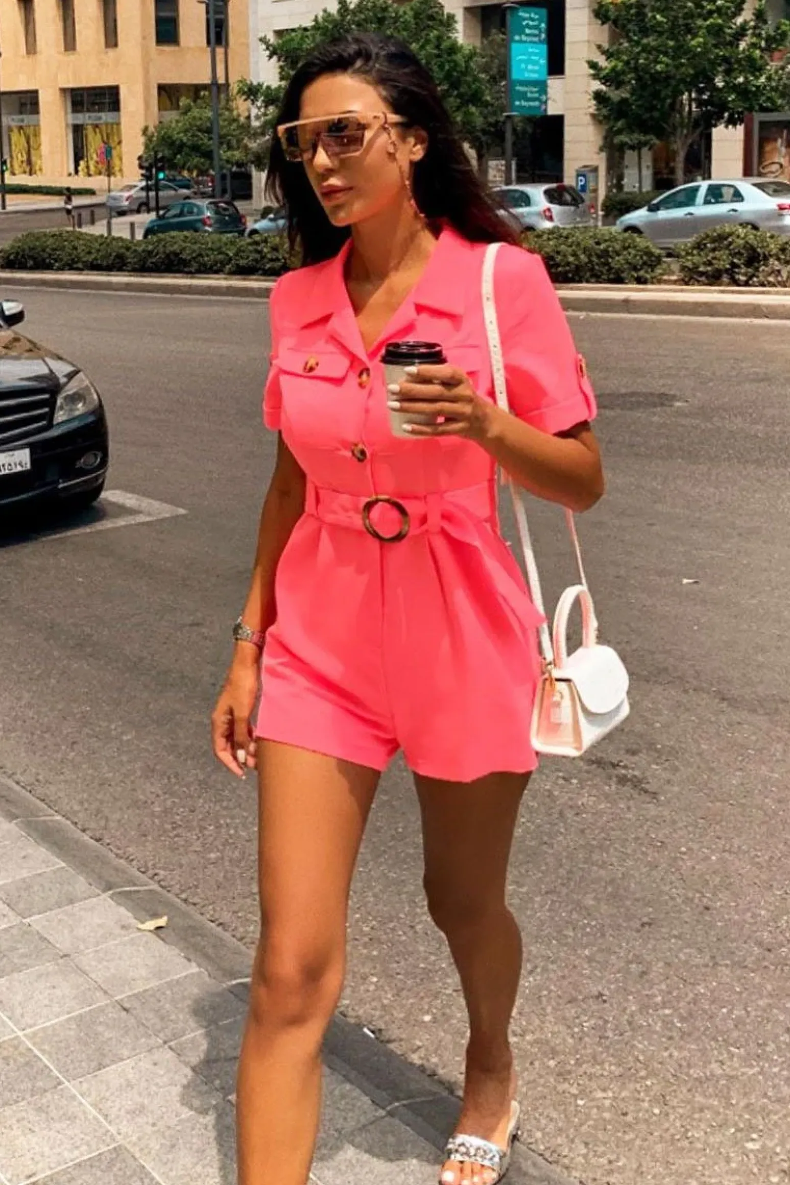 Rebellious Fashion Pink Short Sleeve Button Front Resin Belted Playsuit - Caasi