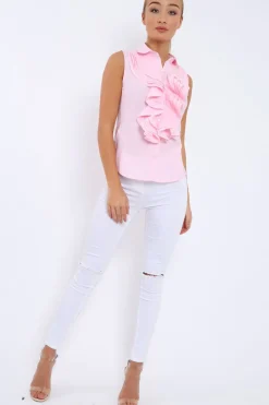 Rebellious Fashion Pink Sleeveless Ruffle Shirt - Samarra