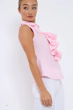 Rebellious Fashion Pink Sleeveless Ruffle Shirt - Samarra