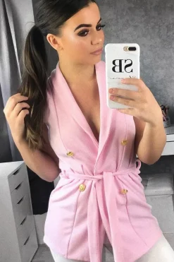 Rebellious Fashion Pink Sleeveless Tie Waist Blazer - Tonia