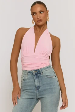 Rebellious Fashion Pink Slinky Plunge Bodysuit - Akari