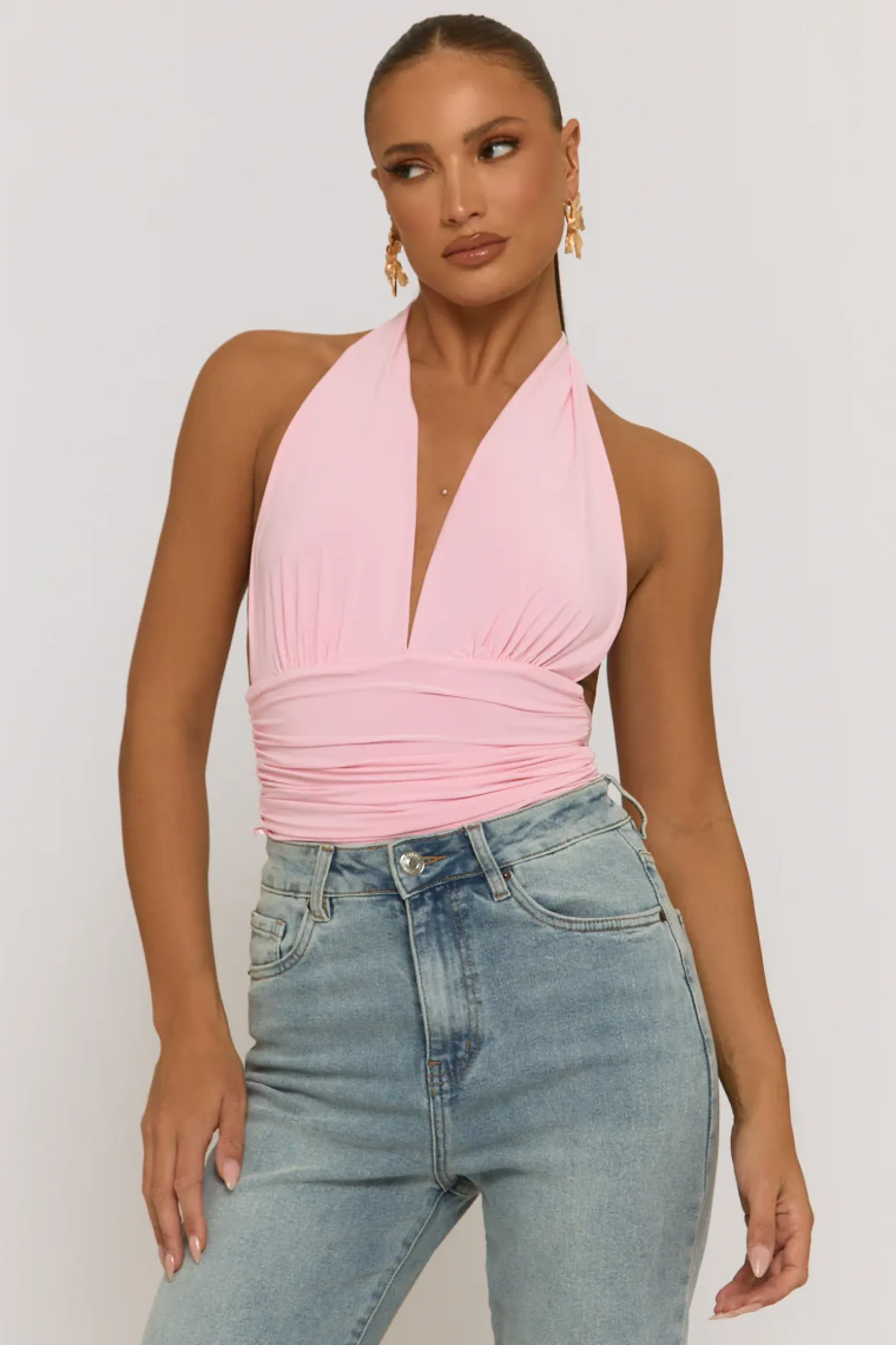 Rebellious Fashion Pink Slinky Plunge Bodysuit - Akari