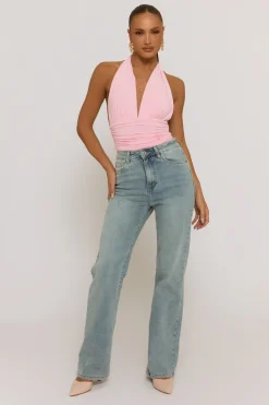 Rebellious Fashion Pink Slinky Plunge Bodysuit - Akari