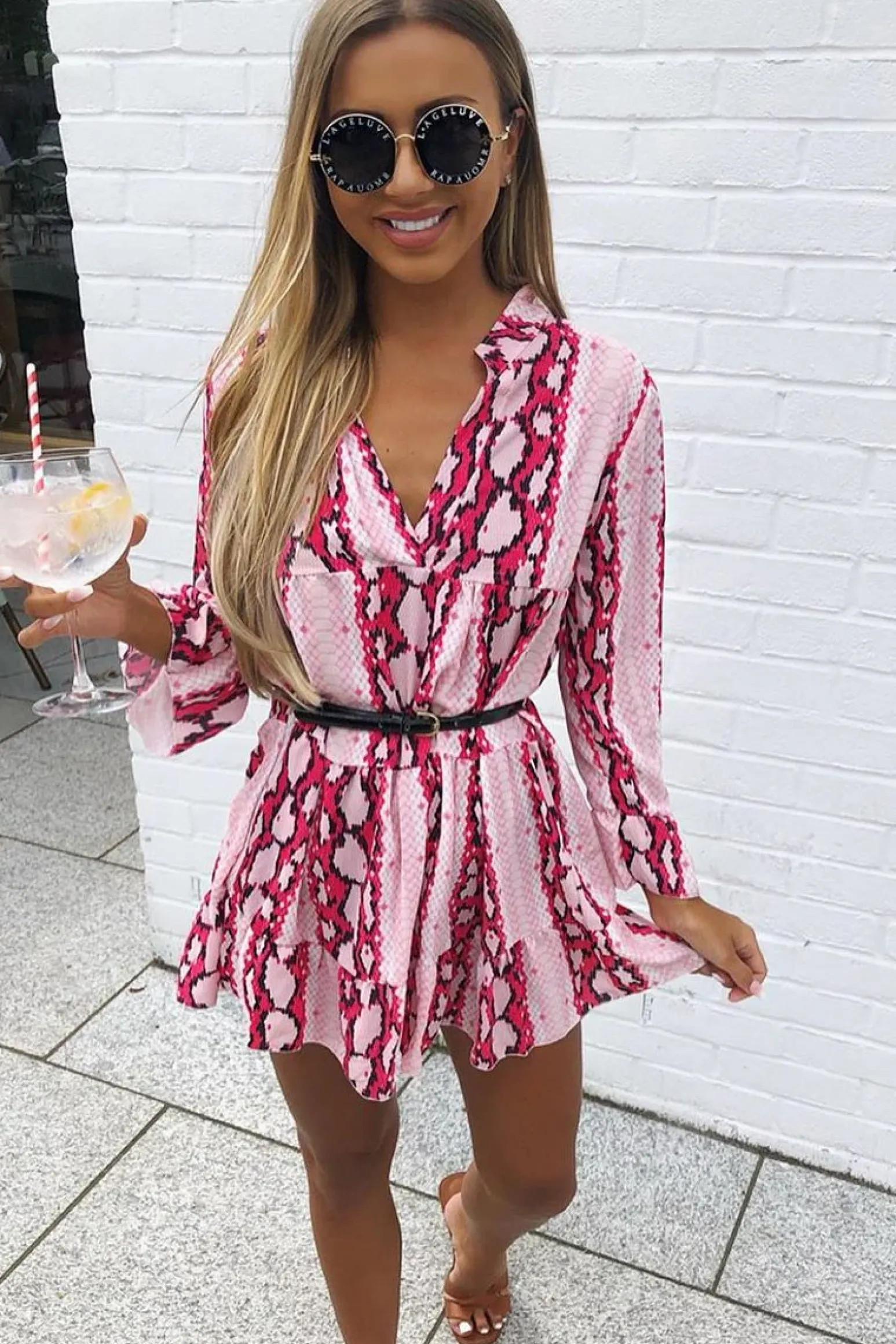 Rebellious Fashion Pink Snake Plunge Tiered Detail Dress - Kaiya