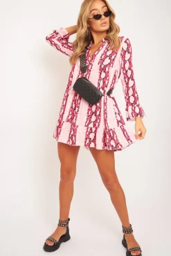 Rebellious Fashion Pink Snake Plunge Tiered Detail Dress - Kaiya