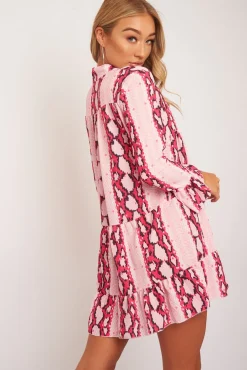Rebellious Fashion Pink Snake Plunge Tiered Detail Dress - Kaiya