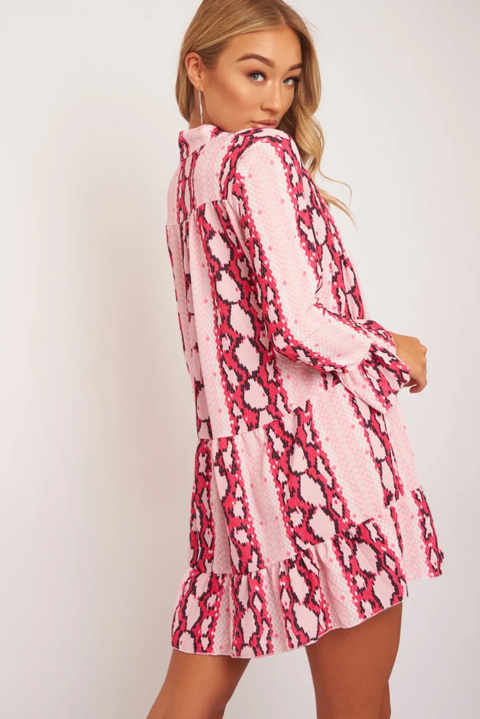 Rebellious Fashion Pink Snake Plunge Tiered Detail Dress - Kaiya