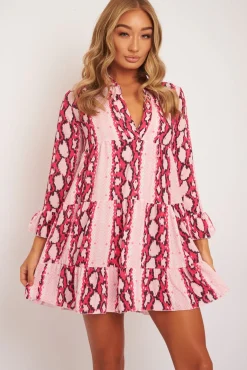 Rebellious Fashion Pink Snake Plunge Tiered Detail Dress - Kaiya