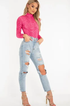 Rebellious Fashion Pink Snake Print High Neck Long Sleeve Bodysuit - Evanna