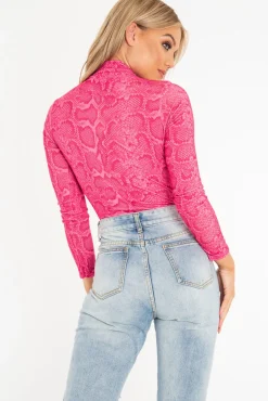 Rebellious Fashion Pink Snake Print High Neck Long Sleeve Bodysuit - Evanna