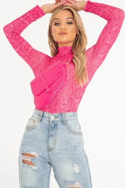 Rebellious Fashion Pink Snake Print High Neck Long Sleeve Bodysuit - Evanna