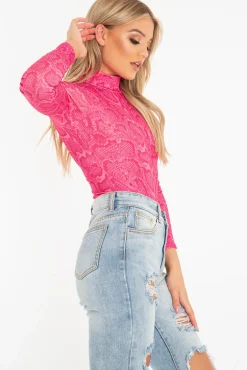 Rebellious Fashion Pink Snake Print High Neck Long Sleeve Bodysuit - Evanna