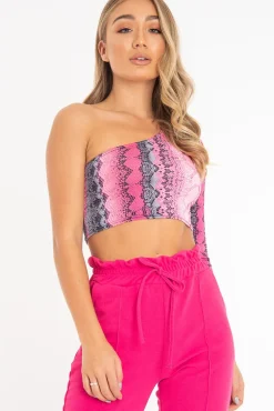Rebellious Fashion Pink Snake Print One Sleeve Crop Top - Preesha
