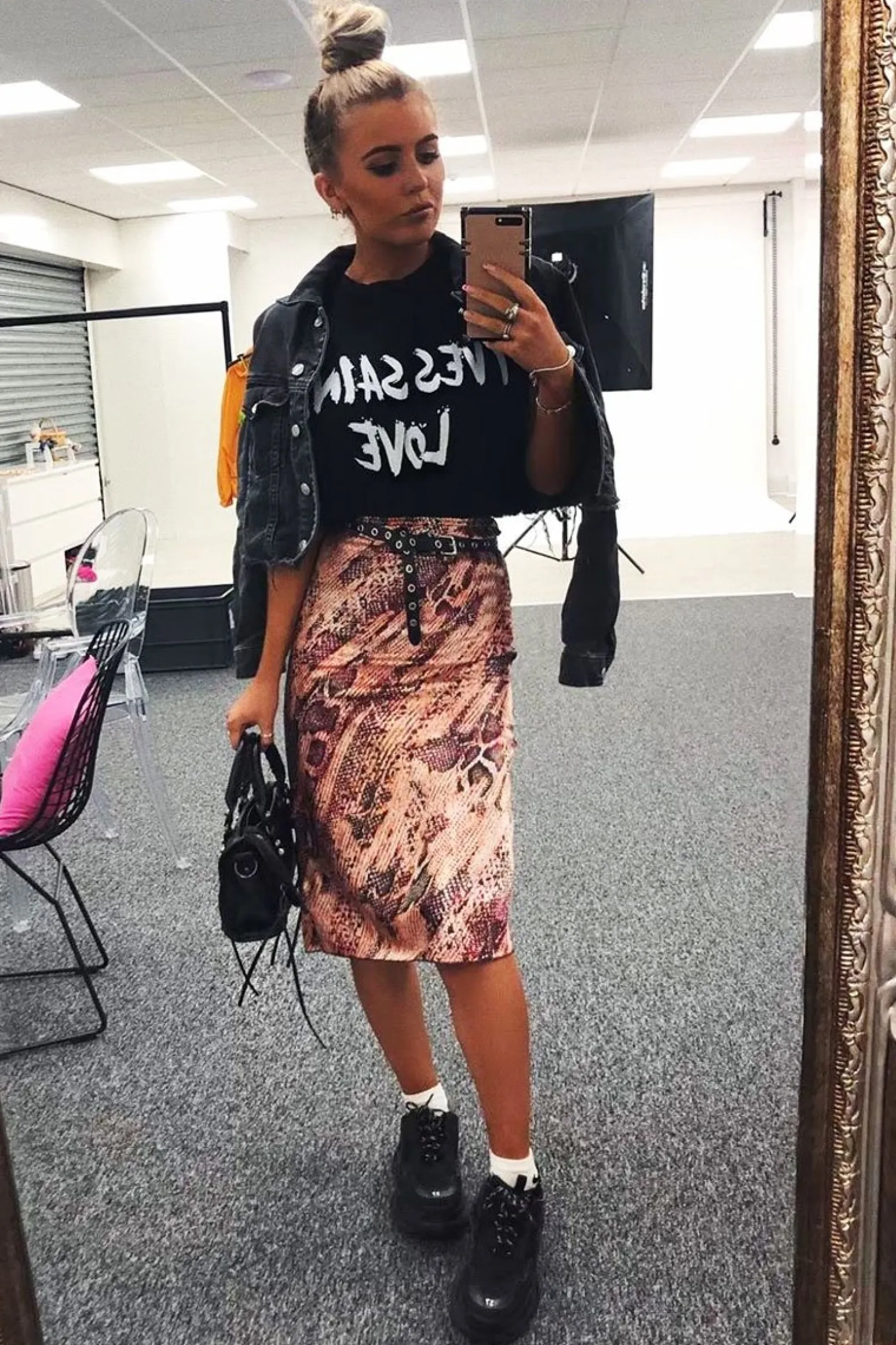 Rebellious Fashion Pink Snake Satin Midi Skirt - Klover