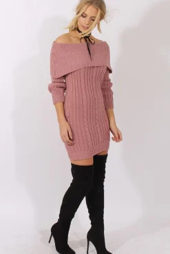 Rebellious Fashion Pink Sparkle Knit Bardot Jumper Dress - Kasey