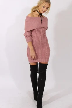 Rebellious Fashion Pink Sparkle Knit Bardot Jumper Dress - Kasey