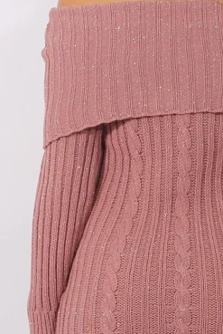 Rebellious Fashion Pink Sparkle Knit Bardot Jumper Dress - Kasey