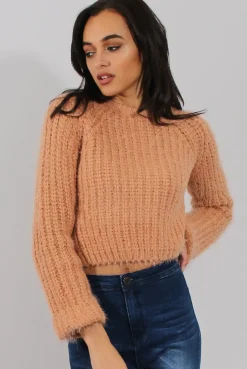 Rebellious Fashion Pink Split Back Cropped Fluffy Jumper - Laura