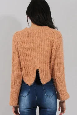 Rebellious Fashion Pink Split Back Cropped Fluffy Jumper - Laura