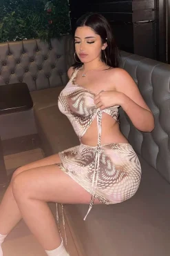 Rebellious Fashion Pink Spot Print Asymmetric Crop Top & Mini Skirt Set - Lacey