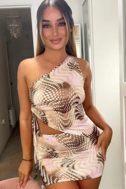 Rebellious Fashion Pink Spot Print Asymmetric Crop Top & Mini Skirt Set - Lacey