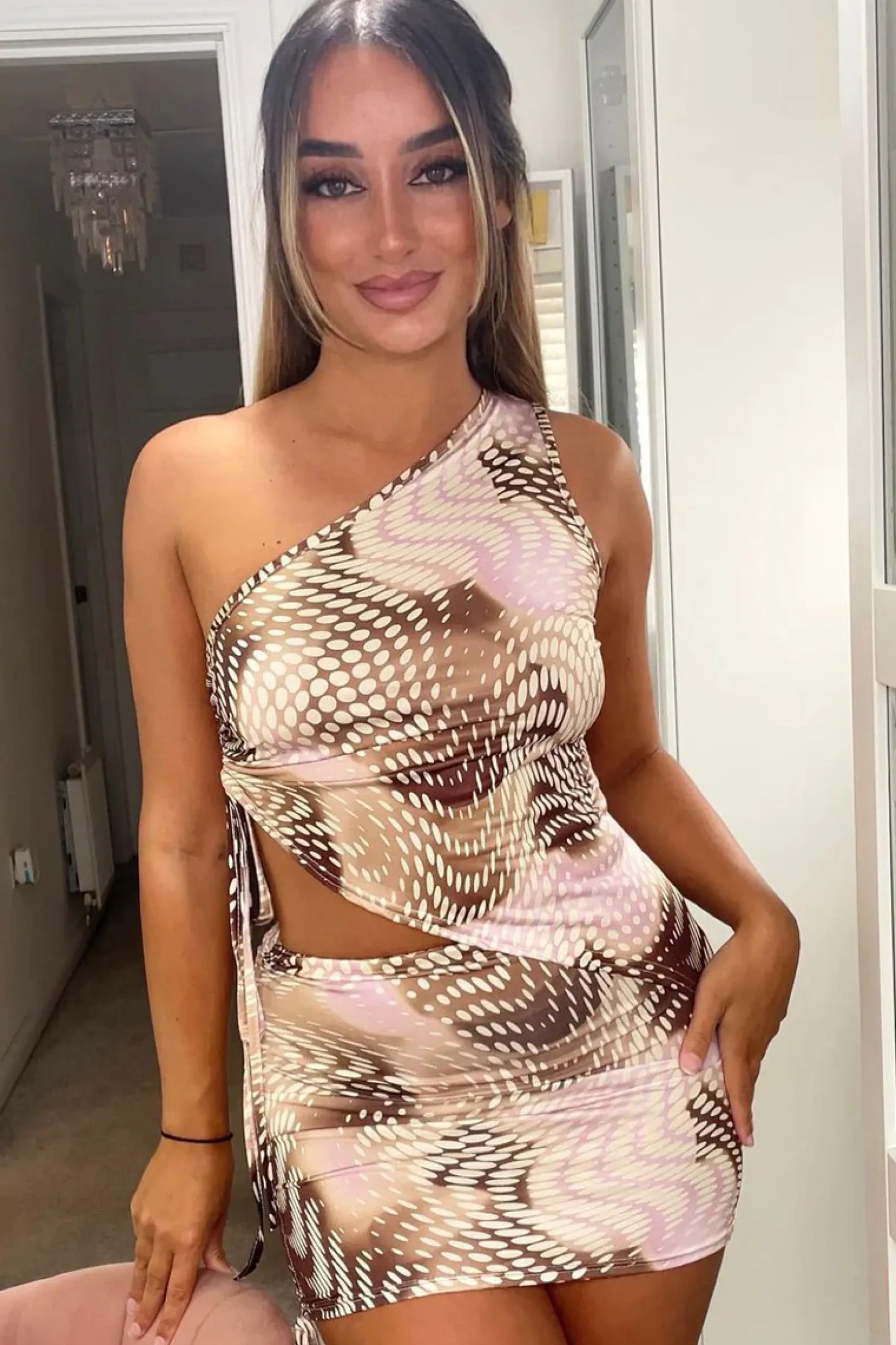 Rebellious Fashion Pink Spot Print Asymmetric Crop Top & Mini Skirt Set - Lacey