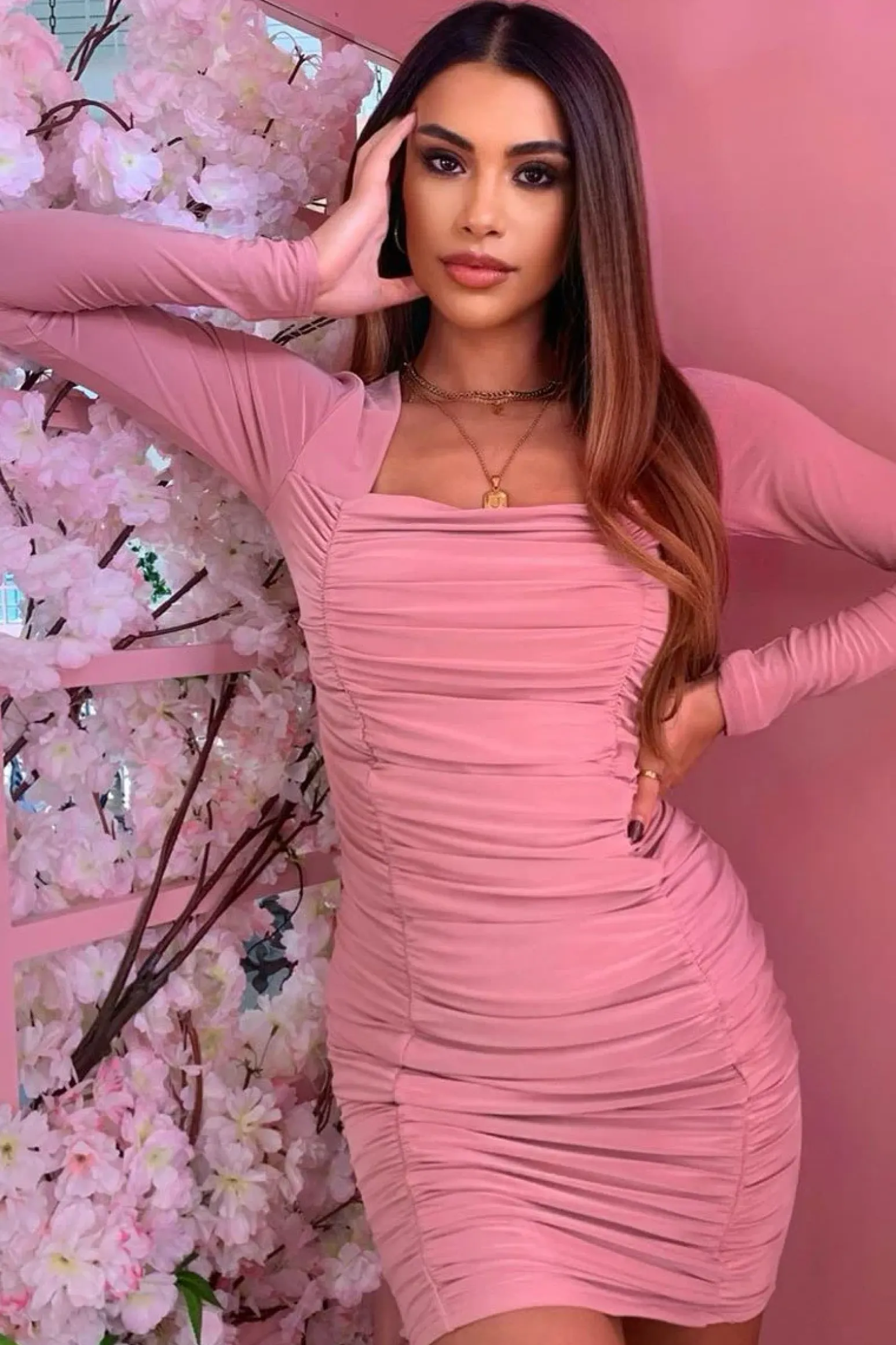 Rebellious Fashion Pink Square Neck Ruched Mini Bodycon Dress - Alia